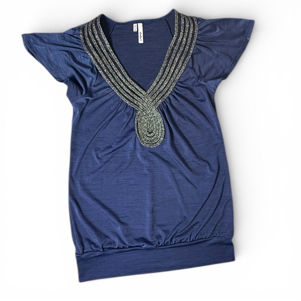 Navy Blue Black Heathered Studio Y Embellished V-Neck Top Sz XS